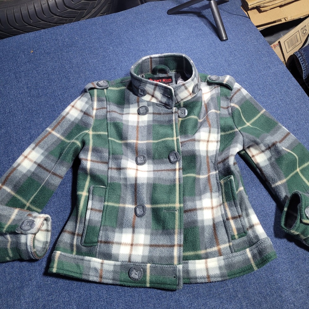 Hot Kiss Plaid Double Breasted Wool Blend Jacket Green Brown White Size M Y2K